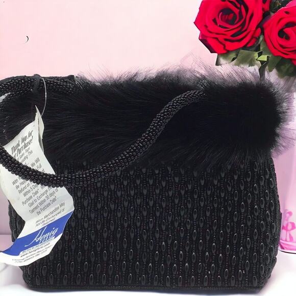 Mitchie’s Black Beaded Evening Bag Faux Fur Trim Top Handle Purse NWT Vintage - Picture 2 of 16